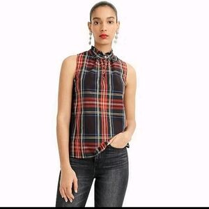 J Crew Stewart Tartan Plaid Cotton Poplin Ruffleneck Top, Keyhole Front, EUC, 10